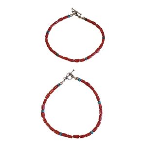 Red Coral Turquoise Sterling Silver 2 Piece Bracelet Set